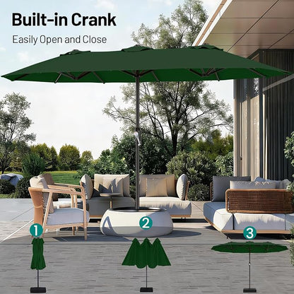 AreShark 15FT Outdoor Patio Umbrella with Crank, Large Rectangular Market Umbrella, Double-Sided Outdoor Umbrellas with Cross Base & Sandbag for Porch, Lawn, Pool, Backyard, Dark Green