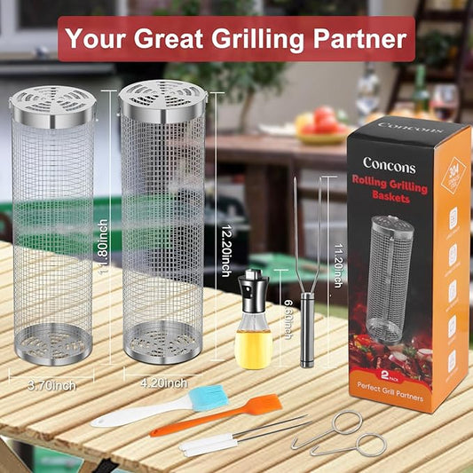 Grill Basket 2 PCS, Rolling Grill Baskets for Outdoor Grill, Grilling Accessories, Stainless Steel BBQ Net Tube Baskets with Oil Sprayer for Veggies, Shrimp, Grilling Gifts for Men