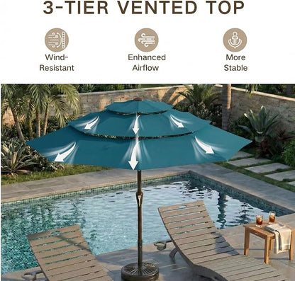 Kingdura 9ft 3-Tier Patio Umbrella, Outdoor Table Umbrella with Easy Crank & Tilt, 8 Reinforced Ribs, UV Protection for Deck, Pool, Market, Backyard (Lake blue)