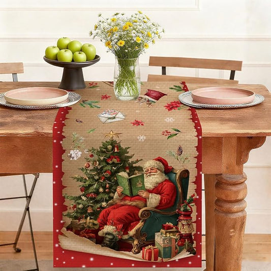Christmas Tree Santa Claus Table Runner,Dining Decor for Kitchen Coffee Table Family Dinners Holiday Parties Wedding Events Decor(13x72 inch)