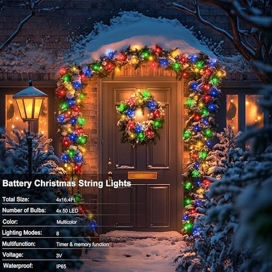 4 PACK Multicolor Battery Operated String Lights Outdoor 16.5Ft 50LED Battery Timer String Lights RGBY Clear Wire Christmas Tree Lights with 8 Modes Indoor Decorations for Yard Patio Window Tree