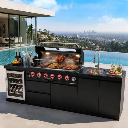 95.6" 6-Burner Modular Outdoor Kitchen Island, 85,000 BTU Propane Gas Grill | 6 Burners, Rear Infrared, Granite Countertop, Fridge, 360°Faucet,304 Sink, Rotisserie, Storage Cabinet