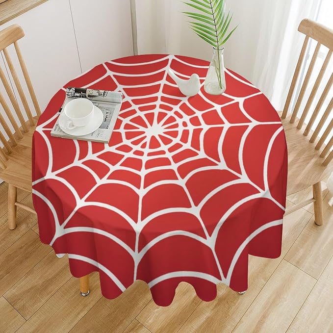 Spider Web Heros Tablecloth, White Spiderweb Red Cobweb Water Resistant Wipeable Table Cover for Picnic Party Holiday Kitchen Dinner Table 50"