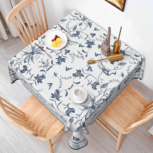 Blue Floral Square Tablecloth Blue and White French Country Square Tablecloths Rustic Flowers Stain Proof Table Cover for Farmhouse Decor Indoor Outdoor Table Picnic Dinner Decor 60x60 Inch