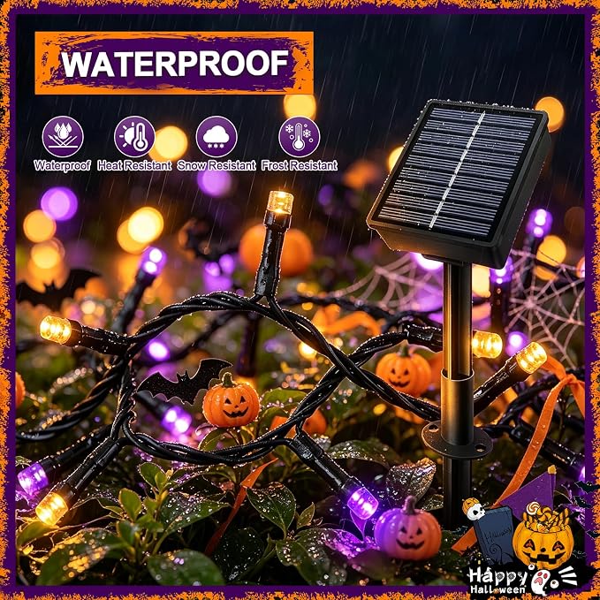 Slyuexu Solar String Lights Outdoor Waterproof 2 Pack Total 66ft 200LED | 8 Modes Twinkle Lights Solar Fairy Lights for Patio, Garden Yard Party Wedding Tree Halloween Decoration, Orange + Purple