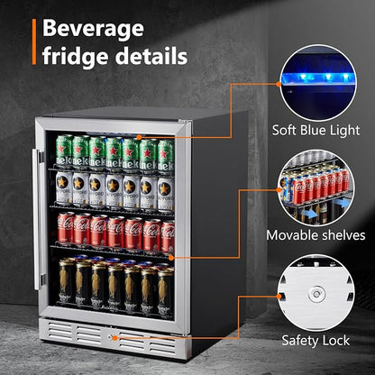 24 Inch Under Counter Beverage Fridge -Max 164Cans Capacity Drink cooler | Wide 24'' Perfectly for Built in Space, Adjustable shelves for any size beverage/beer/soda Transparent door Refrigerator
