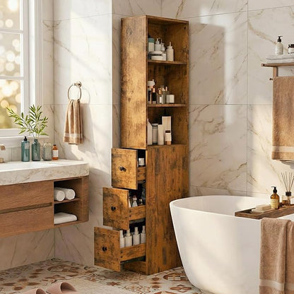 ARTETHYS Storage Cabinet Tall Narrow Bathroom Organizer with 3-Level Adjustable Shelves Slim Free Standing Space Saver for Living Room Kitchen, Rustic