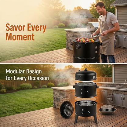 Barrel Charcoal Grill, Portable Outdoor BBQ Grill for Backyards, Camping & Parties, Adjustable Iron Smoker with Built-In Thermometer, Black