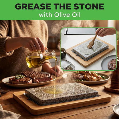 NutriChef Sizzle Hot Cooking Stone Grill with Bamboo Platter, Tabletop Granite Stone Grill with Non-Slip Handles, Adjustable Temperature Control, 550°F Max Heat - Perfect for Meats and Vegetables