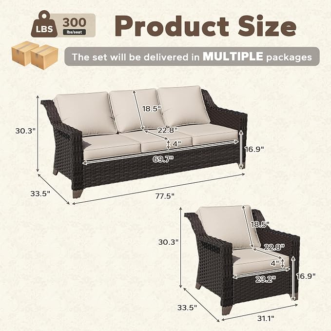 5 Piece Patio Furniture Set, Wicker Outdoor Conversation Set | Patio Chair Set with Olefin Removable Cushion, All-Weather Outdoor Couch with Deep Seat for Porch, Deck and Backyard, Beige