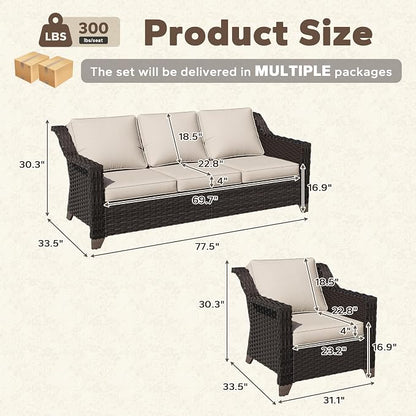 5 Piece Patio Furniture Set, Wicker Outdoor Conversation Set | Patio Chair Set with Olefin Removable Cushion, All-Weather Outdoor Couch with Deep Seat for Porch, Deck and Backyard, Beige