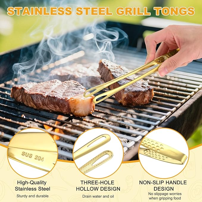 M METERXITY 2-Pack Extra Long Grill Tongs, 9.4/11 Inch Non-Slip 304 Stainless Steel Locking Tongs for Cooking/Buffet/Outdoor Barbecue, Korean BBQ Tweezers Metal Clamp Tool [Gold Tone]