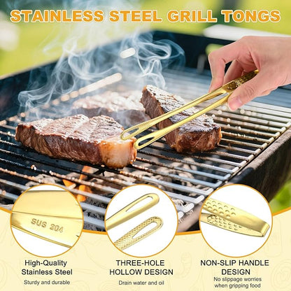 M METERXITY 2-Pack Extra Long Grill Tongs, 9.4/11 Inch Non-Slip 304 Stainless Steel Locking Tongs for Cooking/Buffet/Outdoor Barbecue, Korean BBQ Tweezers Metal Clamp Tool [Gold Tone]