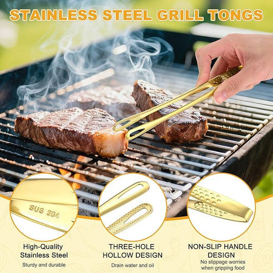 M METERXITY 2-Pack Extra Long Grill Tongs, 9.4 Inch Non-Slip 304 Stainless Steel Locking Tongs for Cooking/Buffet/Outdoor Barbecue, Korean BBQ Tweezers Metal Clamp Tool [Gold Tone]