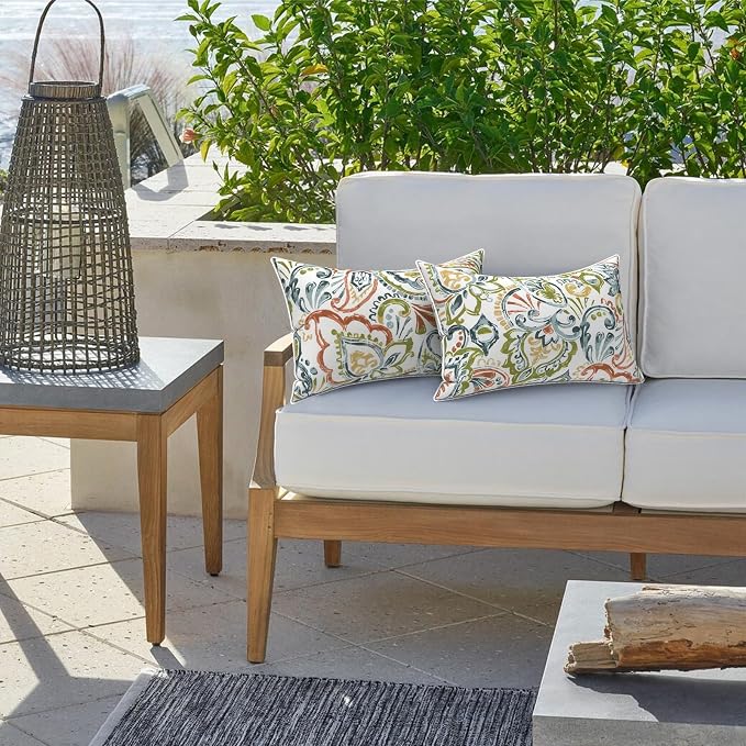 LVTXIII 2 Pack Outdoor Lumbar Pillow Covers 12x20 Inch with Piping, Water-Repellent Back Cushion Covers ONLY for Patio Furniture, Sofa, Garden Bench, Paisley Botanical