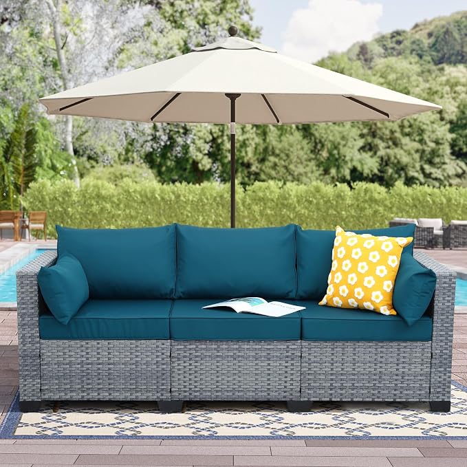 Lviden Outdoor Couch 3-seat Patio Sofa Outdoor Furniture Deep Seat High Backrest Patio Couch with Non-Slip Cushions and Waterproof Cover, Peacock Blue