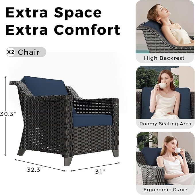 2 Piece Patio Furniture Set, Wicker Outdoor Conversation Set | Patio Chair Set with Olefin Removable Cushion, All-Weather Armchairs with Deep Seat for Porch, Deck and Backyard, Blue