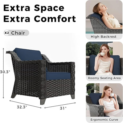 2 Piece Patio Furniture Set, Wicker Outdoor Conversation Set | Patio Chair Set with Olefin Removable Cushion, All-Weather Armchairs with Deep Seat for Porch, Deck and Backyard, Blue