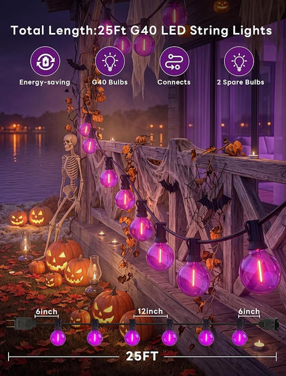 Abeja 50FT G40 Purple Halloween String Lights, Halloween Lights Outdoor with 27 Shatterproof Purple LED Bulbs(2 Spare) LED Globe Lights for Patio Balcony Backyard Pergola Decor