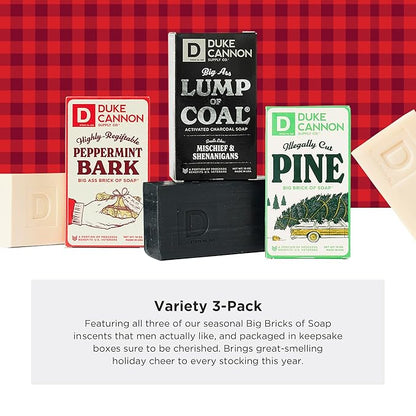 Duke Cannon Supply Co. Big Brick of Soap Bar For Men - Lump of Coal, Illegally Cut Pine & Peppermint Bark, Holiday Variety 3 Pack, 10 oz. Bar Soaps