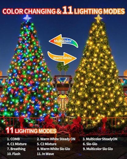 355FT 900LED Color Changing Christmas Lights, Extra Long Outdoor String Lights Waterproof, Timer & Memory, 8 Modes Dimmable Plug in Fairy for Outside Tree Wedding Patry White to Multicolor
