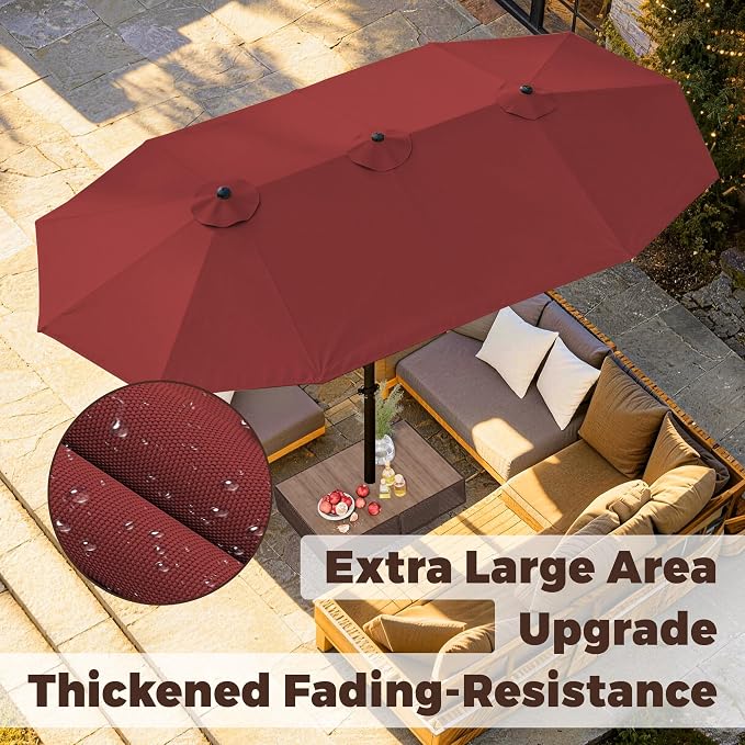 GDPFN 15FT Large Patio Umbrella, Outdoor Deck Standing Umbrella with Crank Handle, Double-Side Rectangular Pool Umbrella for Outside, Market, Patio, Burgundy (Base Not Include)
