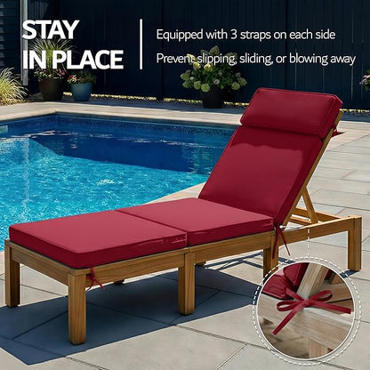 72 x 21 Inch Outdoor Chaise Lounge Cushion - Removable Cover, 4-Section Design, Water-Repellent & Fade-Resistant, 6 Tie Straps, Replacement for Patio & Pool Chairs - Burgundy