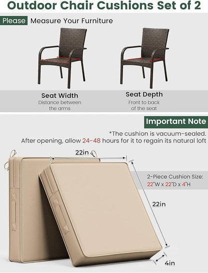 Outdoor Chair Cushion 22 x 22 x 4 Inches Patio Furniture Outdoor Waterproof Seat Cushion, Patio Chair Cushion with Handles and Ties, Square Dining Chair Cushion Set of 6, Sand
