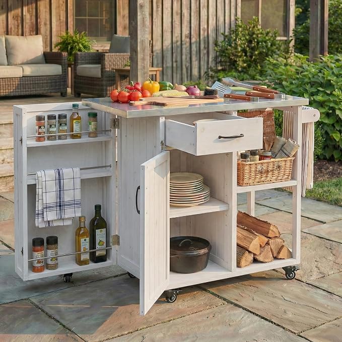 JIVOIT Outdoor Kitchen Island with Stainless Steel Worktop, Fir Wood Prep Station Lockable Kitchen Cart with Ample Storage Space, Towel and Spice Racks for Patio and Outdoor (White/122)