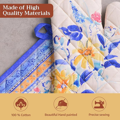 Maison d' Hermine 100% Cotton Oven Mitt & Pot Holder Set (7.5"x13" & 8"x8") Heat Resistant BBQ Cooking Gloves with Loop Baking Grilling Kitchen Hotel Home Farmhouse Spring Summer (Girassol)