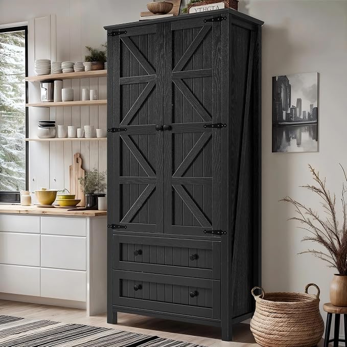 DWVO 64.5" Farmhouse Pantry Cabinet with 2 Drawers & Shelves, Oak Black | Tall Versatile Storage for Living Room, Dining Room, and Hallway