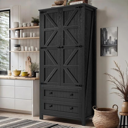 DWVO 64.5" Farmhouse Pantry Cabinet with 2 Drawers & Shelves, Oak Black | Tall Versatile Storage for Living Room, Dining Room, and Hallway