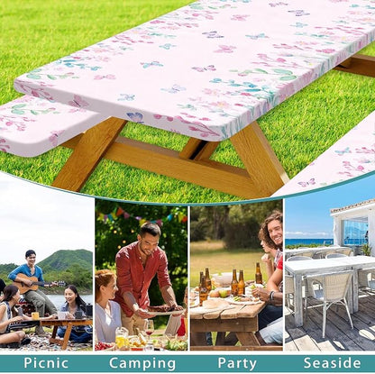 Butterfly Picnic Table Cover with Bench Covers, Camping Essentials, Flower Leaf Plant Waterproof Windproof Table Cover, Fitted Tablecloth Cover with Elastic Edge, for Indoor & Outdoor 3 PCS 30x96 Inch