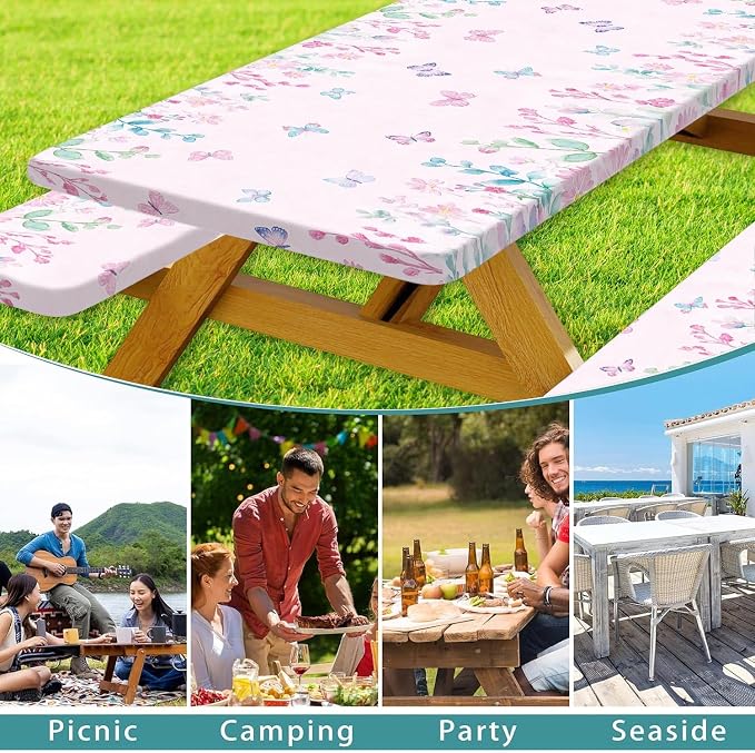 Butterfly Picnic Table Cover with Bench Covers, Camping Essentials, Flower Leaf Plant Waterproof Windproof Table Cover, Fitted Tablecloth Cover with Elastic Edge, for Indoor & Outdoor 3 PCS 30x60 Inch