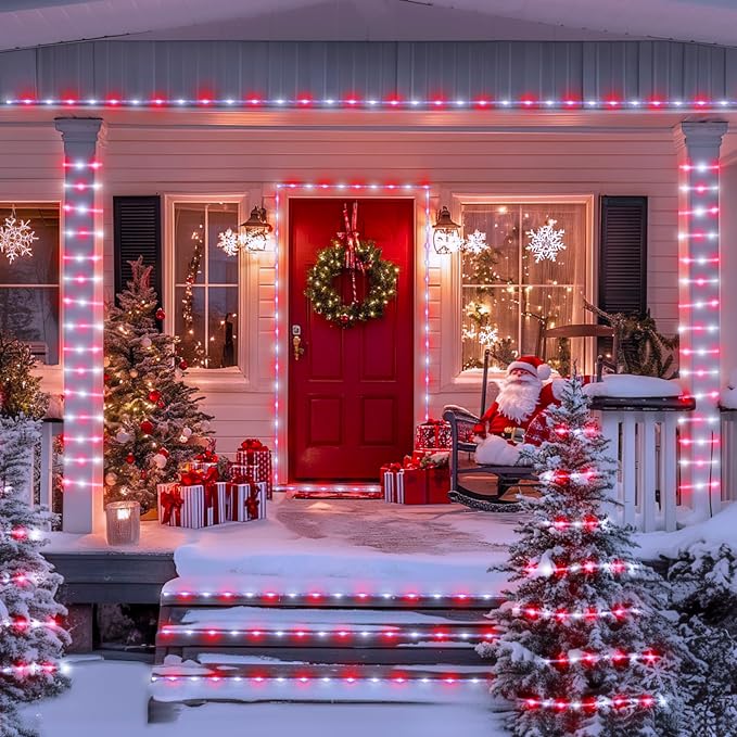 JMEXSUSS 72ft 200 LED Red and White Solar Christmas Rope Lights | IP65 Outdoor Waterproof Christmas Rope Lights with 8 Modes, Solar Christmas Lights for Fence Yard Walkway Christmas