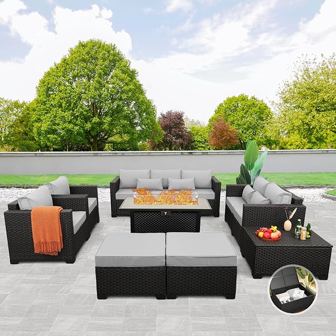 Rattaner 8 PCS Outdoor Furniture Sets 60000BTU 45-Inch Outdoor Propane Fire Pit Table Patio Furniture Set No-Slip Cushions and Waterproof Covers, Light Grey