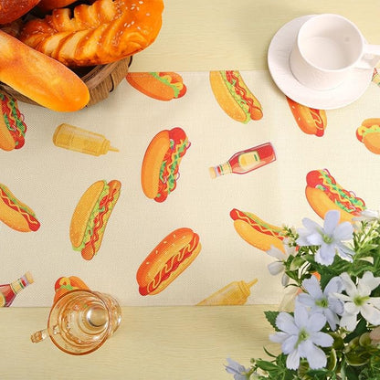 Penitue 13x72in/33x183cm Hot Dog Table Runner, Hot Dog Party Decorations Fast Food Sausage Theme Dining Table Cloth Tablecloth Decor for Indoor Outdoor Kitchen BBQ Supplies Accessories Gift Stuff