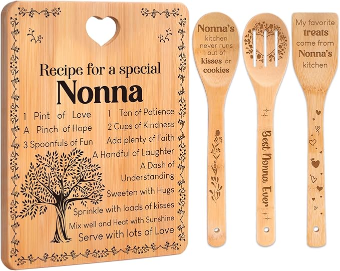 Nonna Gifts - "Recipe for a Special Nonna" Gifts for Nonna Cutting Board Set, Bamboo-Made Engraved Utensil Set Nonna Gifts for Grandma Cutting Board, Mothers Day Gifts for Nonna.