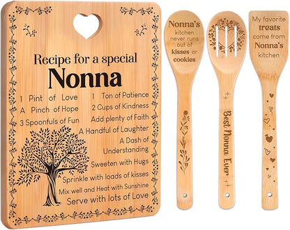 Nonna Gifts - "Recipe for a Special Nonna" Gifts for Nonna Cutting Board Set, Bamboo-Made Engraved Utensil Set Nonna Gifts for Grandma Cutting Board, Mothers Day Gifts for Nonna.