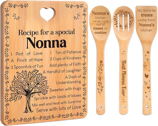 Nonna Gifts - "Recipe for a Special Nonna" Gifts for Nonna Cutting Board Set, Bamboo-Made Engraved Utensil Set Nonna Gifts for Grandma Cutting Board, Mothers Day Gifts for Nonna.