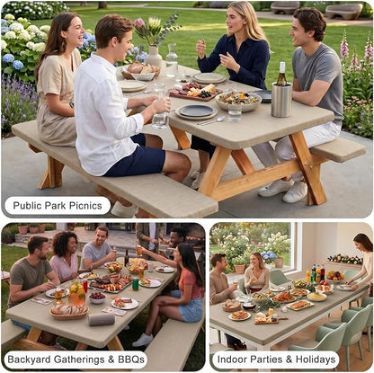 Picnic Table Cover with Bench Covers Windproof Waterproof Picnic Table Covers Camping Tablecloth with Self-Storage Bag, 72in, Light Brown