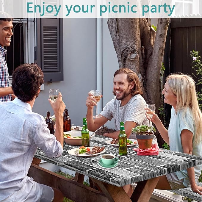 Picnic Table Cover with Bench Covers and Bag, Camping Essentials, Stone Wall Waterproof Windproof, Fitted Camping Tablecloths with Elastic Edges for Indoor, Outdoor & Garden, 3 Pcs Set 30x60 Inch