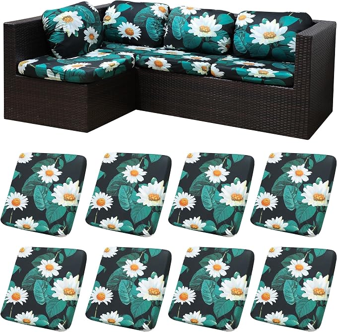 8Pcs Patio Cushion Covers, Outdoor Stretch Cushion Covers, Washable | Stretch Fit, Replacement, Washable and Reusable Furniture Protectors, Fits most patio furniture cushion covers, Cover Only