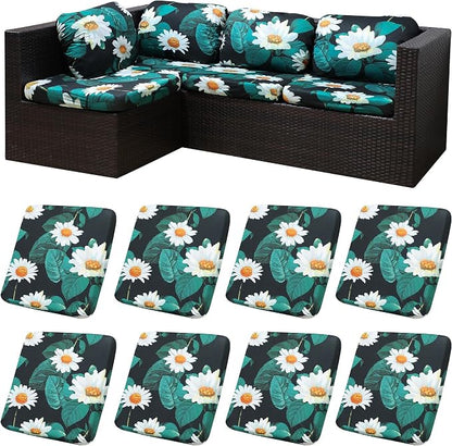 8Pcs Patio Cushion Covers, Outdoor Stretch Cushion Covers, Washable | Stretch Fit, Replacement, Washable and Reusable Furniture Protectors, Fits most patio furniture cushion covers, Cover Only