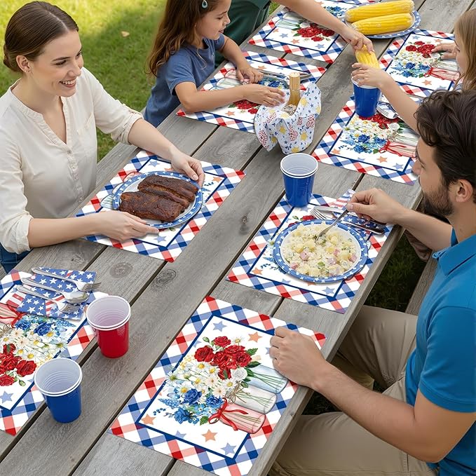 Eaasty 50 Pcs Patriotic Floral Paper Placemats 4th of July 250th Anniversary Disposable Table Mats with Flowers Plaid for Independence Day Memorial Day Supplies Party Table Setting Decoration