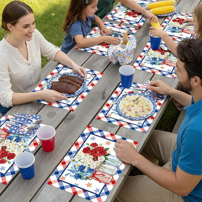 Eaasty 50 Pcs Patriotic Floral Paper Placemats 4th of July 250th Anniversary Disposable Table Mats with Flowers Plaid for Independence Day Memorial Day Supplies Party Table Setting Decoration