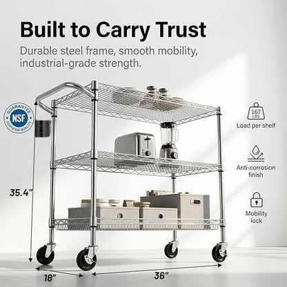 Finnhomy 3 Tier Heavy Duty Commercial Grade Utility Cart, Wire Rolling Cart with Pushing Handle Bar, Steel Metal Kitchen Service Trolly with Wheels, Shelf Size 18" D x 36" W, NSF, Chrome