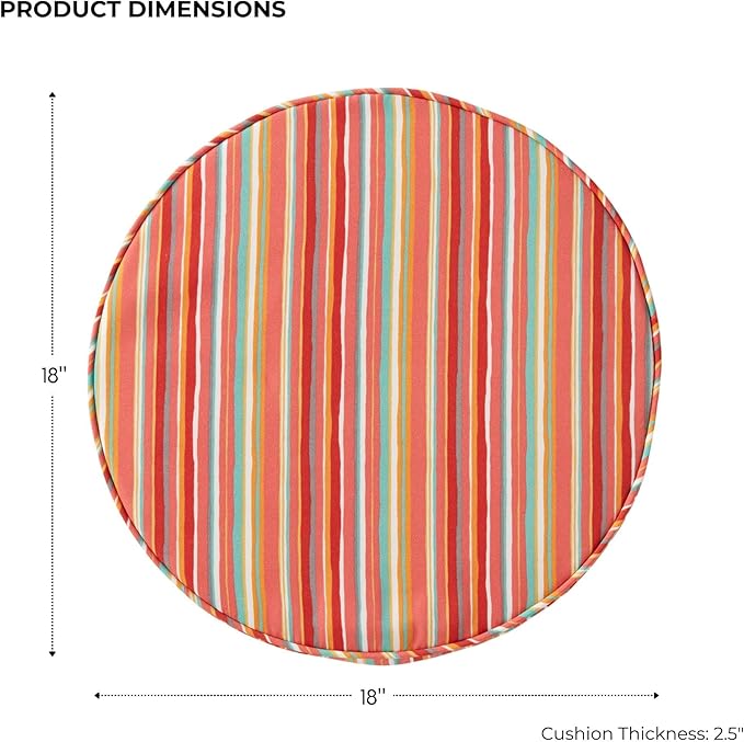 Set of 2 Outdoor 18 inch Round Patio Dining Chair Pads – Comfortable Fiber-Filled Seat Cushions with Ties, Reversible Polyester Fabric - Watermelon Stripe