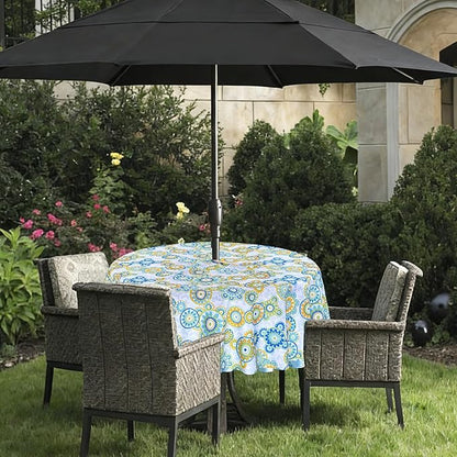 Poise3EHome Round Outdoor Tablecloth with Umbrella Hole and Zipper,Floral 70 Inch,Polyester SpillProof Washable Table Cloth for Spring Summer Patio Garden Poolside Picnic Camping BBQS