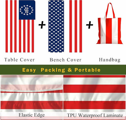 Fitted Picnic Table Cover with Bench Covers Elastic Waterproof Oil-Proof VintageTablecloths for 6 Foot Rectangle Tables Dining Outdoor Patio Camping Essentials (Blue Red Stripe, 6 Foot)